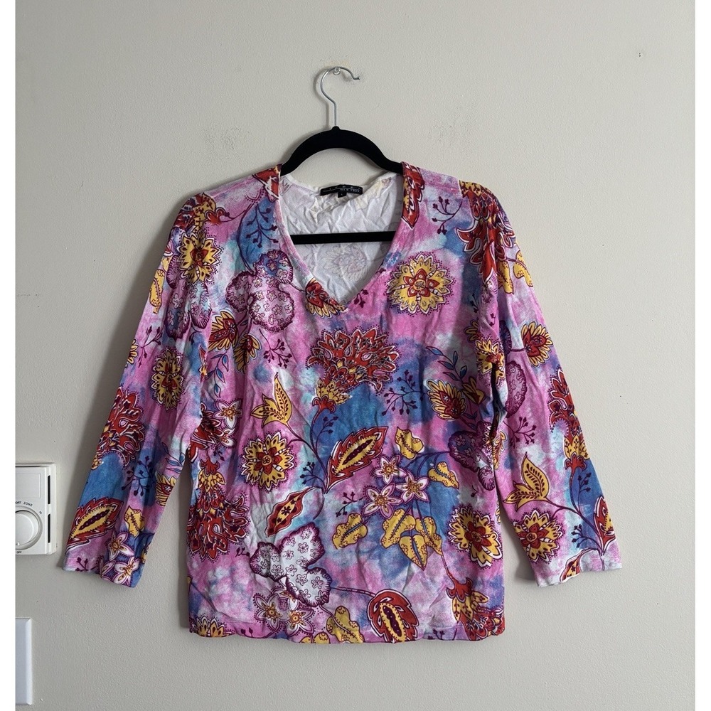 Y2K Pierri New York Paisley Pink Beaded Knit Top V Neck‎ Floral Fairy